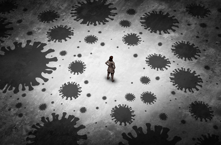 Man silhouette in the middle of multiple virus shapes